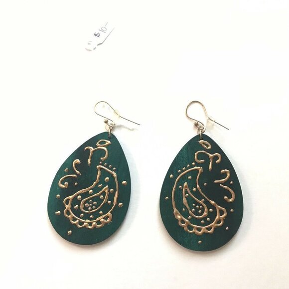 Wooden Dangle Teardrop Earrings Teal With Gold Paint - Picture 1 of 2
